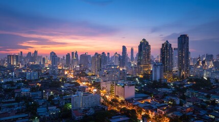 Fototapeta premium Bangkok financial district skyline at night, modern skyscraper architecture, glowing city lights at dusk, wide urban Asian cityscape background
