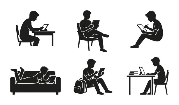 Minimalist Silhouette People Using Digital Devices for Study Work