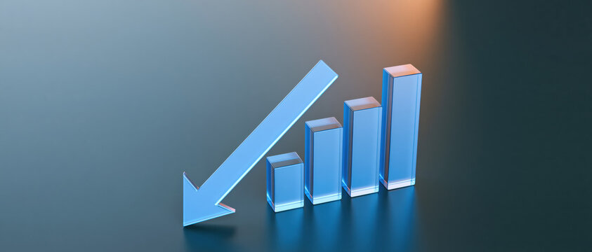 downward arrow pointing beside ascending blue glass 3d bar chart on dark background representing market dip