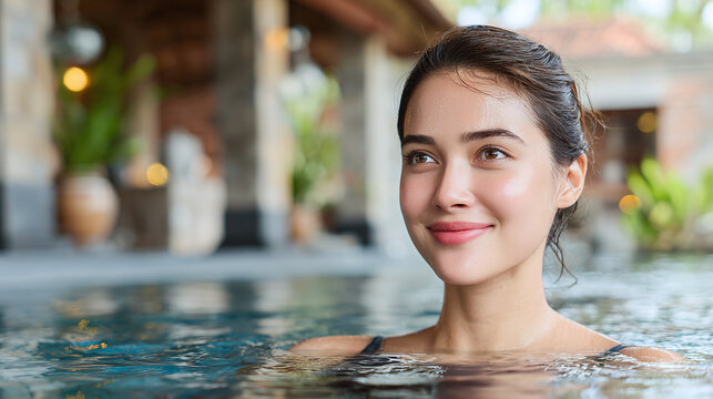 Smiling Woman Enjoy Spa Pool Looking Away with Radiant Healthy Skin Smile