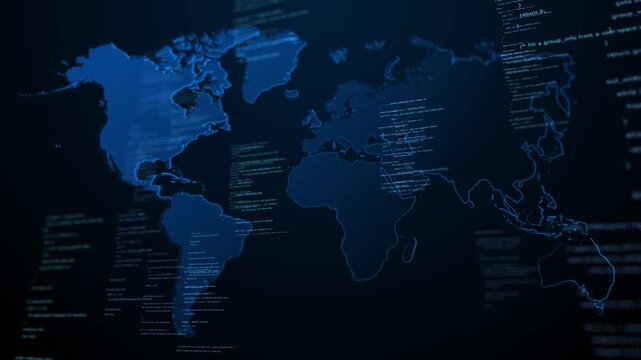 abstract world map technology background with cyber data visualization and global information network system.