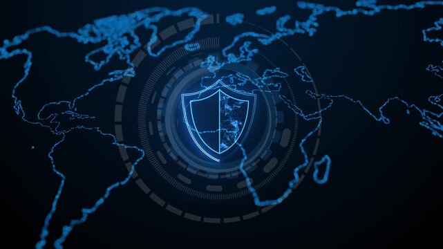 cyber security and data protection background with glowing digital shield and global network technology concept.