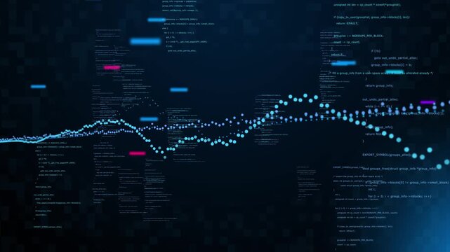 financial technology and big data analytics with glowing digital chart and programming code interface background.