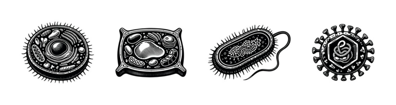 Illustrations of different microscopic biological entities including cells and viruses
