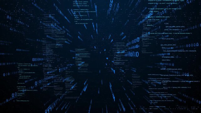 futuristic binary code tunnel with programming data stream and abstract cyber technology background.