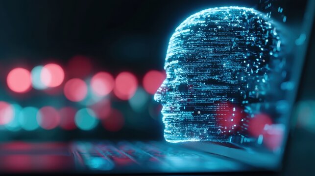 Digital human head consisting of glowing particle data visualization in dark