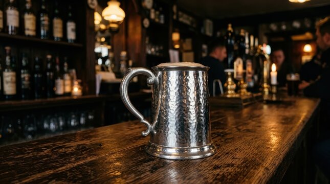 Hammered Metal Beer Mug Filled With Ale Sitting on a Wooden Bar Counter in a Dimly Lit Pub