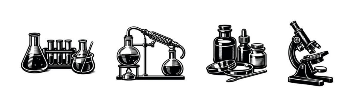 Vintage scientific laboratory equipment including distillation apparatus and microscope