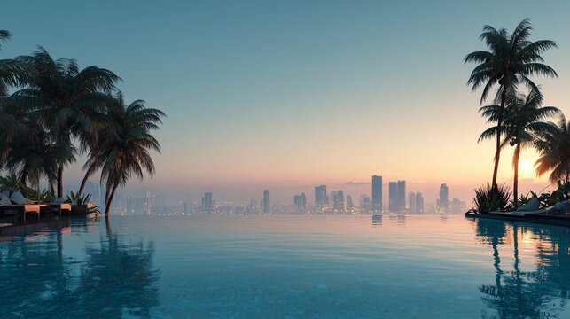 A luxurious infinity pool offering stunning views of the tropical horizon during sunset, creating a premium vacation atmosphere.