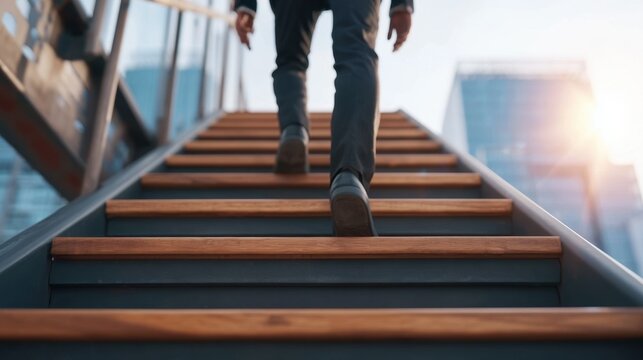 Person walking up wooden stairs in modern urban environment with sunlight