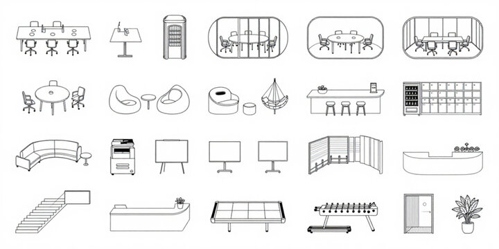 Coworking space floor plan symbols, architectural top view vector CAD blocks, shared desks, meeting pods, lounge areas, modern office interiors