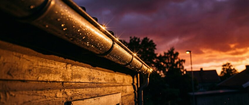 Evening Sky Over Rural Home With Water Droplets Reflecting Light On Gutter And Wooden Wall Illuminated By Warm Sunset Glow And Streetlight Illumination With Trees Silhouetted Against Clouds