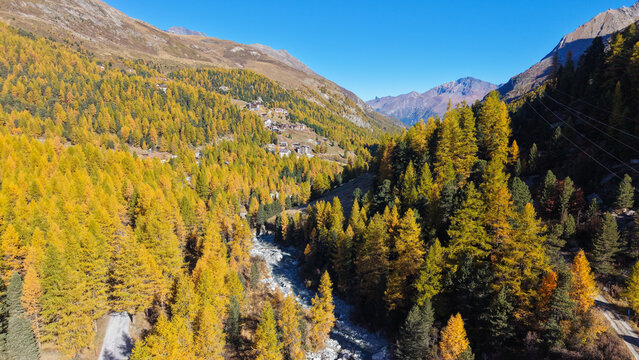 Aerial View of Autumn Mountain Landscape in Arolla with Golden Larches, Val d&rsquo;H&eacute;rens, Valais, Switzerland