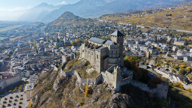 Aerial View of Val&egrave;re Basilica in Sion, Valais, Switzerland