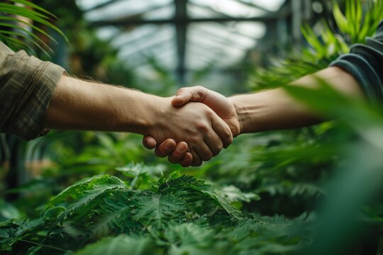 Two professionals shaking hands in a modern greenhouse surrounded by lush green plants, symbolizing sustainable farming partnership, environmental responsibility,  