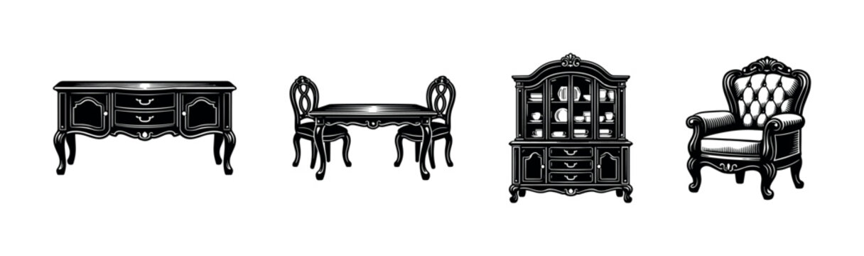 Collection of ornate antique furniture in a classic black and white illustration style