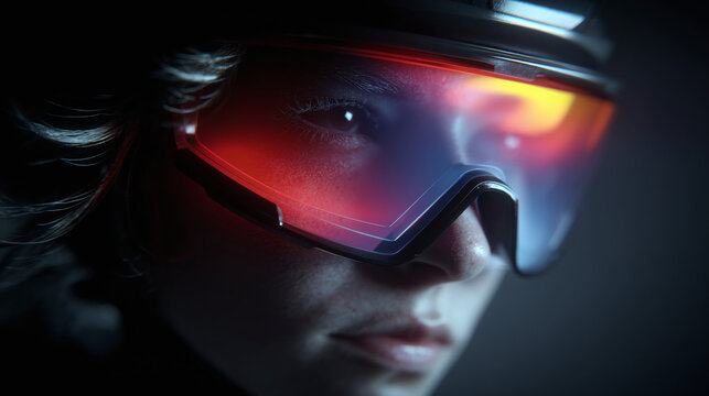 Close-up portrait of a person in futuristic goggles with vibrant reflections