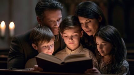 Fototapeta premium Loving family reading storybook together in warm cozy room at night