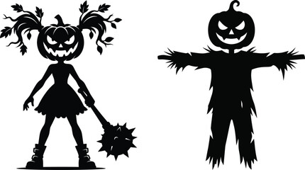 halloween pumpkin characters silhouettes on white background © zn