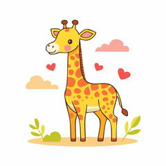Obraz premium Cute Cartoon Giraffe with Hearts and Clouds