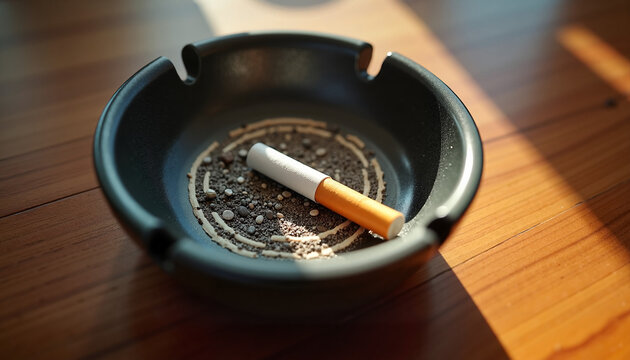 Extinguished cigarette in an ashtray at caf&eacute; table, anti-smoking message