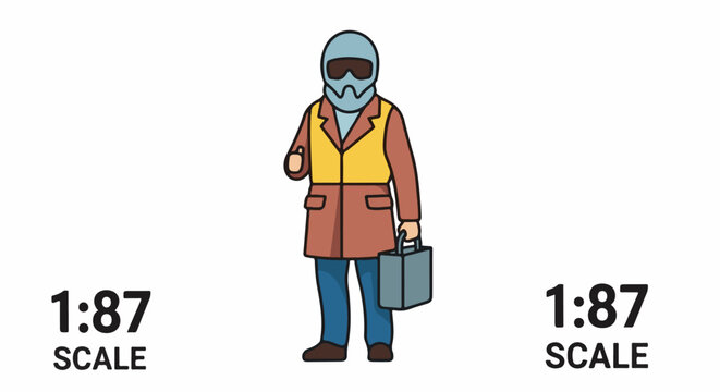 Worker in protective gear holding a briefcase, indicated as 187 scale