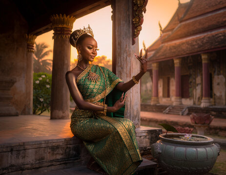 A beautiful woman wearing an elegant green and gold traditional Thai dress (Chut Thai) with a golden crown, sitting on the steps of an ancient Buddhist temple during a warm golden hour sunset. Perfect