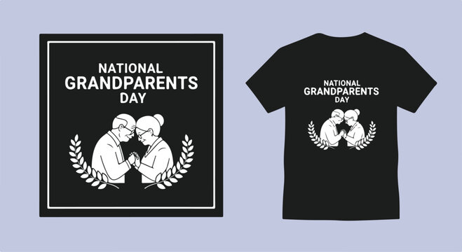 National Grandparents Day celebration with loving elderly couple embracing and laurel wreath design for t-shirt graphic