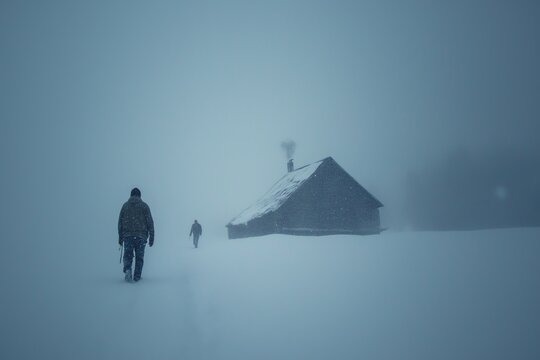 Lone survivor and child walking through heavy snowfall toward distant cabin with chimney smoke, dramatic winter survival scene with blizzard, silhouettes, and tense cinematic atmosphere.