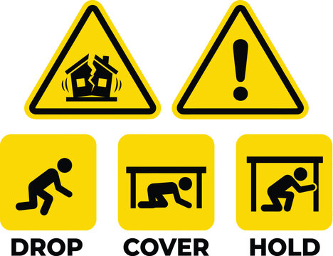 Illustrated safety icons demonstrating the drop cover and hold steps for emergency earthquake survival protection procedures