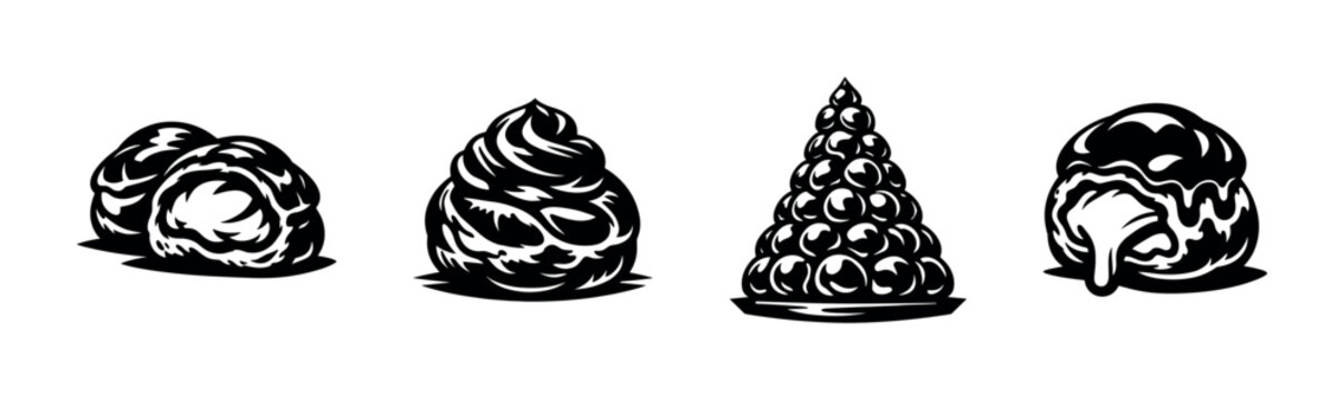 Collection of delicious cream puffs and profiteroles in a stylized black and white illustration