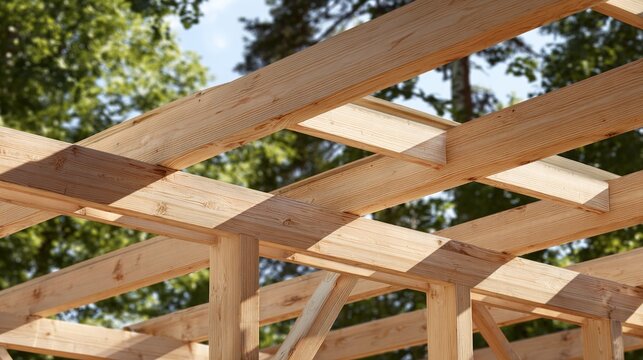 structural. A wooden house frame under construction, highlighting structural beams and clean architectural details. real-estate listings.