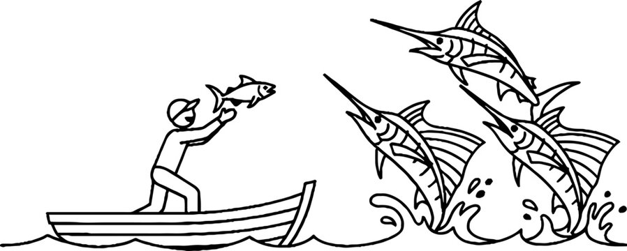 Fisherman on a boat feeding a group of jumping marlins