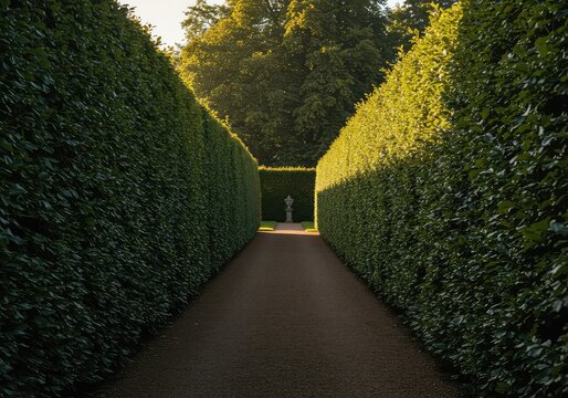 A winding path leading through a formal garden bordered by tall, perfectly trimmed green beech hedges in warm sunlight ,walkway ,design ,tree