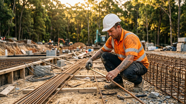 Construction worker measuring rebar at outdoor building site