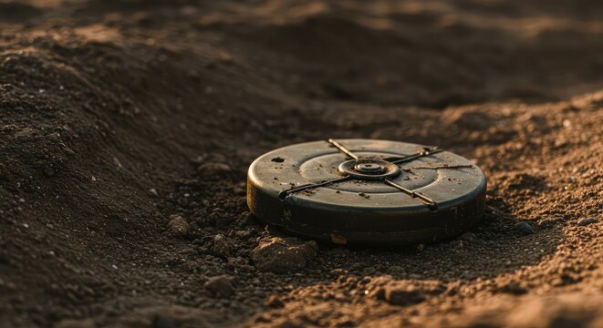Circular antipersonnel device resting partially buried in rugged terrain, illustrating the silent danger and risk of explosive remnants ,security ,unexploded ,munition
