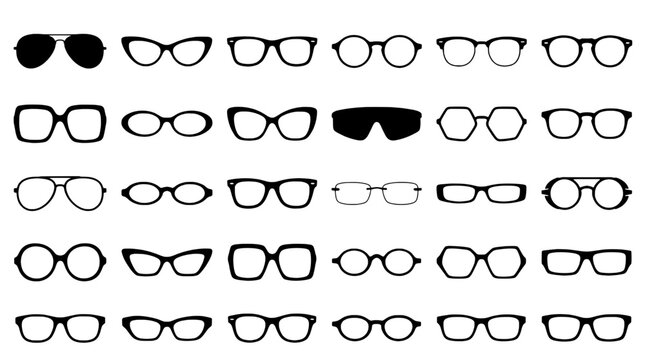 Glasses set with various styles and shapes including round, square, and rectangular frames featuring eyeglasses, sunglasses, vintage with modern and