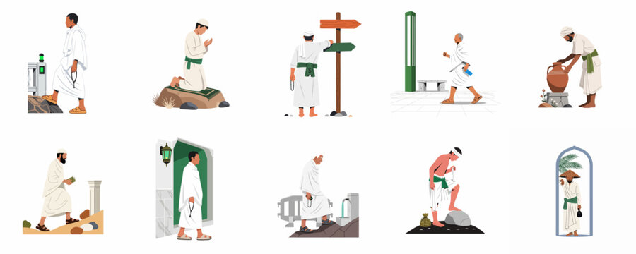 Flat vector illustrations depicting Muslim men in Ihram performing various rituals and activities during the Hajj or Umrah Islamic pilgrimage.