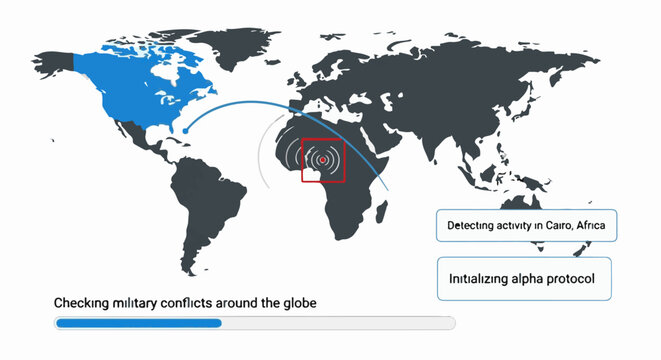 World map shows activity detection and global conflict monitoring