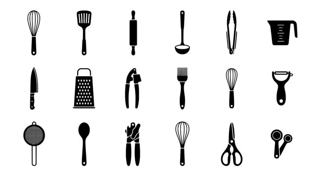 Kitchen utensils set with various cooking tools and gadgets featuring whisk, grater, knife with scissors and measuring cups elements for spoon,
