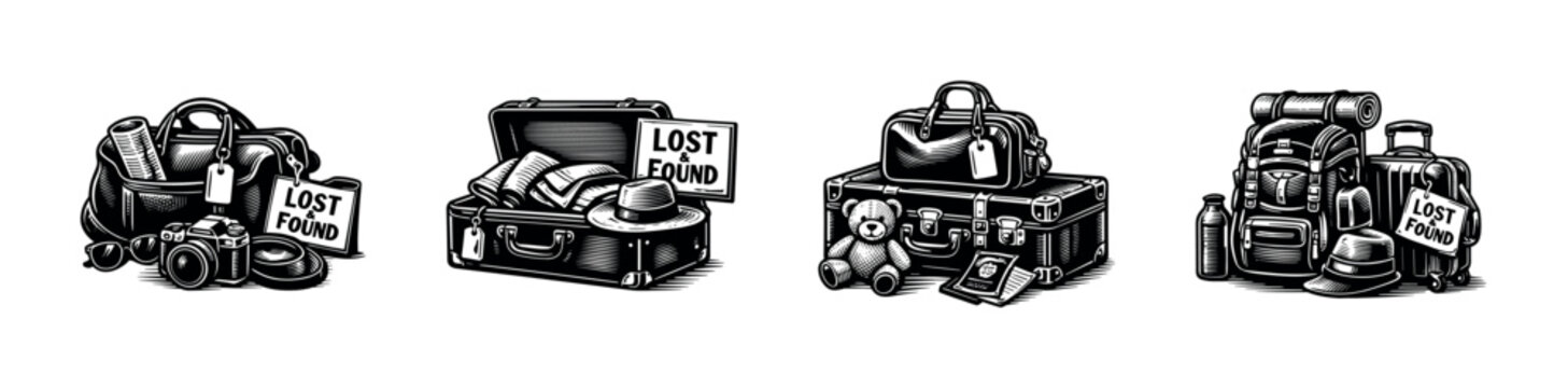 Lost and found luggage and travel items collection in vintage illustration style