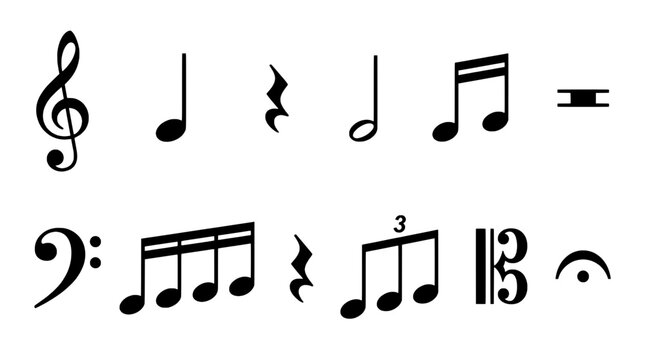 Musical notes set with treble clef and bass clef symbols featuring quarter note, eighth note, sixteenth note with whole note and half note elements