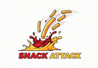 Fototapeta premium Cartoon illustration of crispy french fries splashing into ketchup and mustard sauce