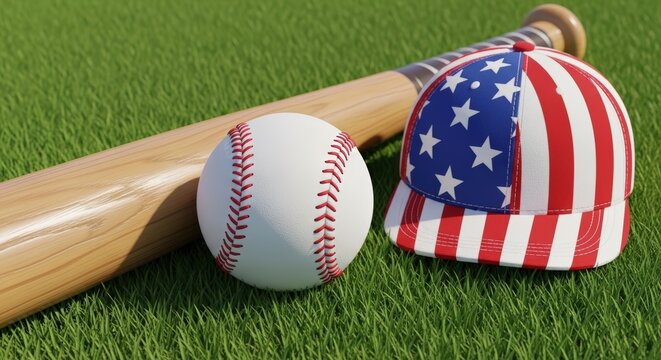 American baseball equipment on grass field.