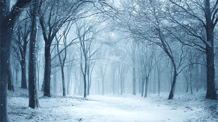 Fototapeta premium Enchanting Winter Path Through a Frosted Forest with Falling Snow