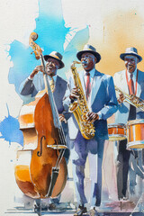 Fototapeta premium Jazz musicians perform an energetic set in a vibrant artistic rendition