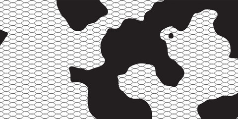 Dynamic abstract black splatters over wavy geometric lattice graphic illustration © MOH