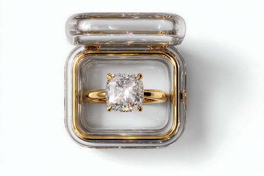 Diamond solitaire ring, gold band, clear plastic box, luxury jewelry, engagement symbol