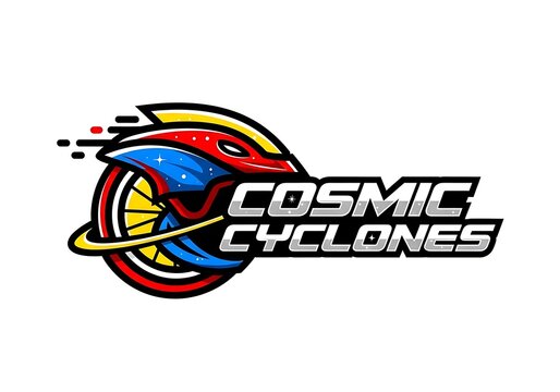Cosmic cyclones sports logo design with a fast spinning wheel and futuristic space theme elements