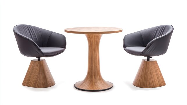 Two dark gray leather chairs and a light wooden table, centered on white background